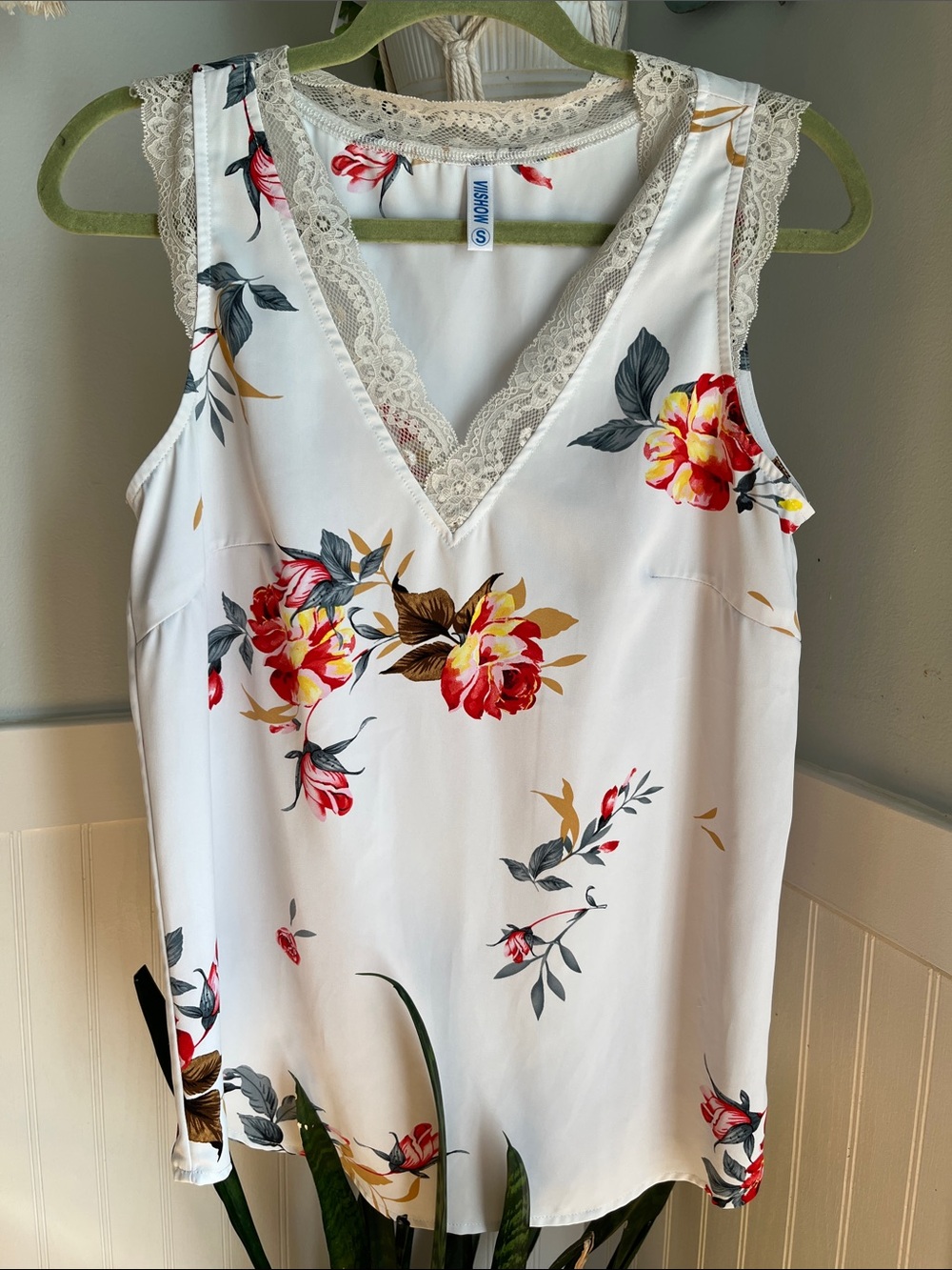 Floral Lace V-Neck Sleeveless Top - White with Pink & Yellow Blossoms